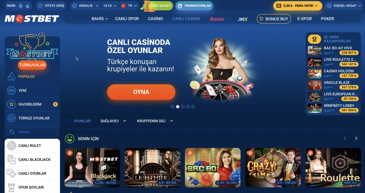 Mostbet live casino ve masa oyunları